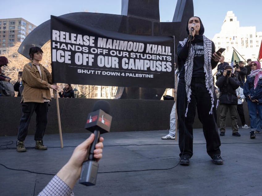 Demonstrators speak during a protest in support of Palestinian activist Mahmoud Khalil, Mo