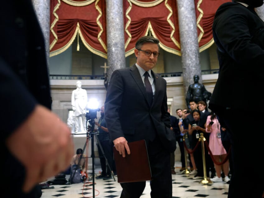 WASHINGTON, DC - MAY 08: Speaker of the House Mike Johnson (R-LA) leaves after speaking to