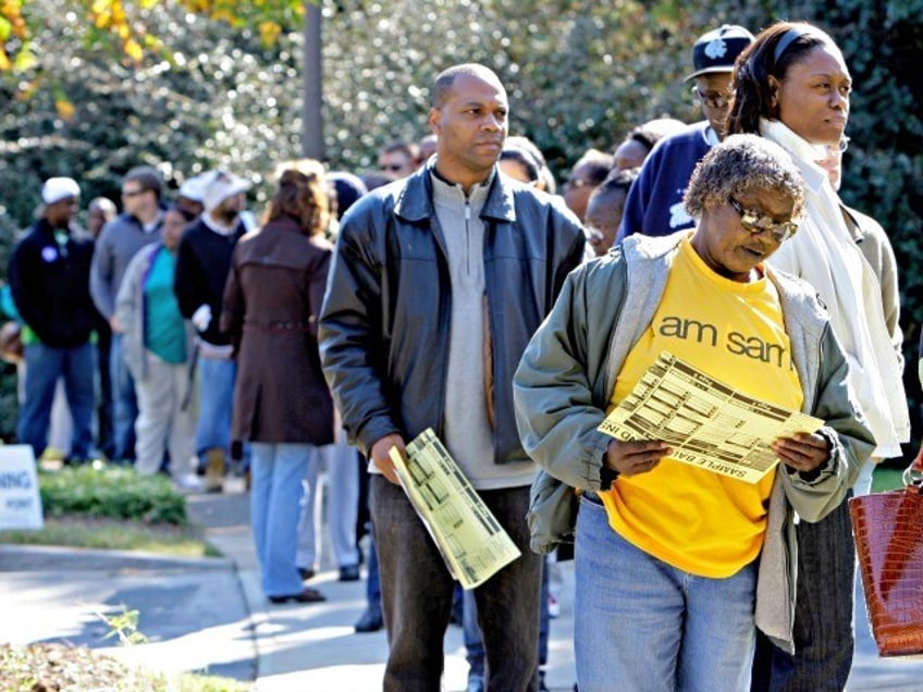 Voters stand in line at an early voting site in Charlotte, N.C., Thursday, Oct. 23, 2008.