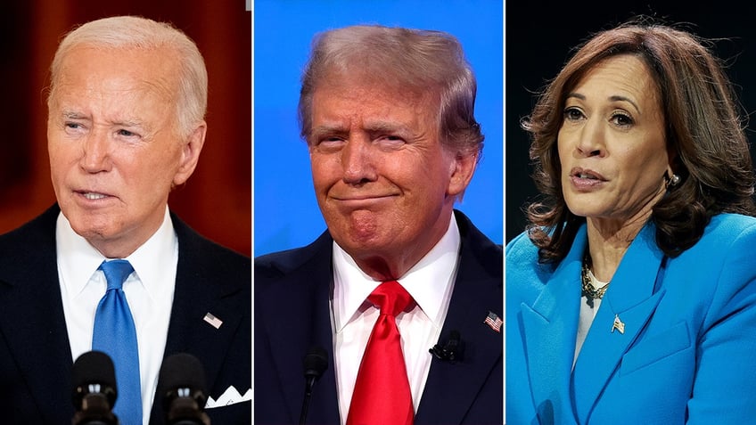 3-way photo split: President Biden, former President Trump, VP Kamala Harris