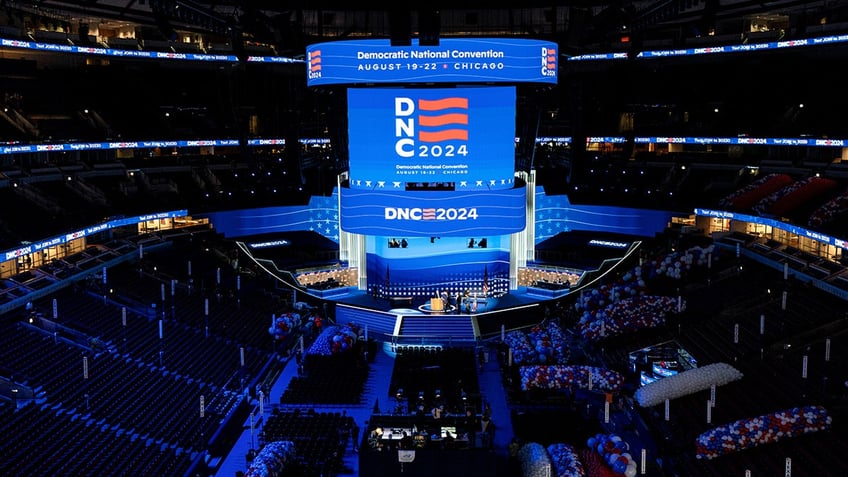 The stage is prepared at the United Center ahead of the Democratic National Convention