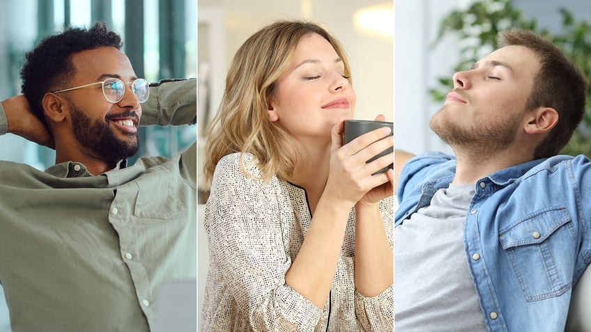 People sitting, looking calm and mindful