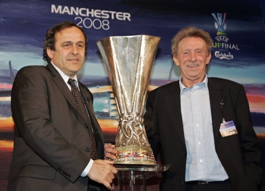 Denis Law (R) with former France captain Michel Platini in 2008