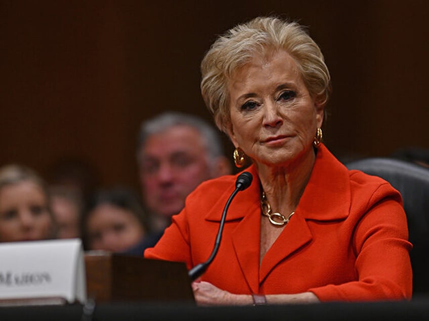 Linda McMahon, of Connecticut, testifies before a Senate Health, Education, Labor, and Pen