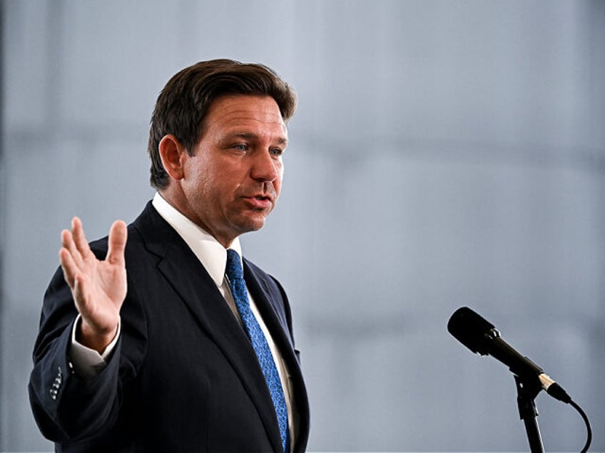 Florida Governor Ron DeSantis speaks during a news conference at Chase Stadium in Fort Lau