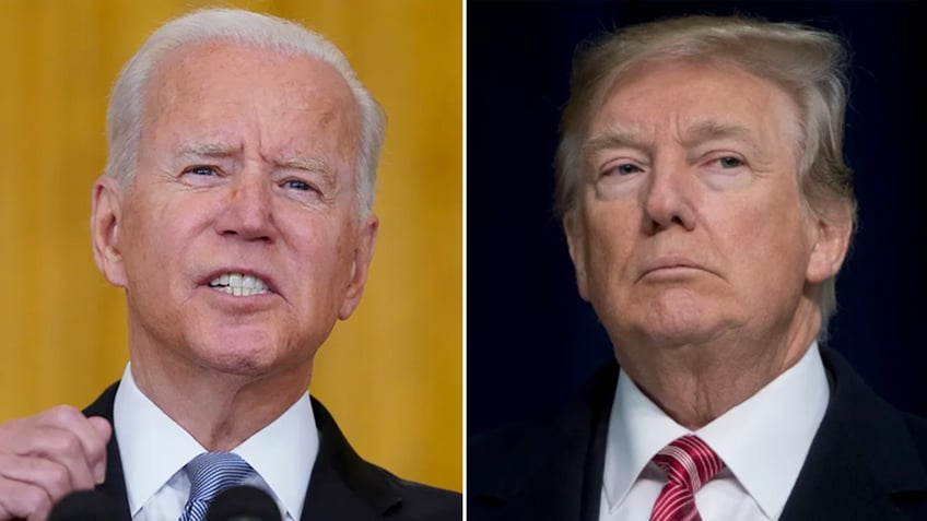 split screen with President Biden, left and former President Trump, right