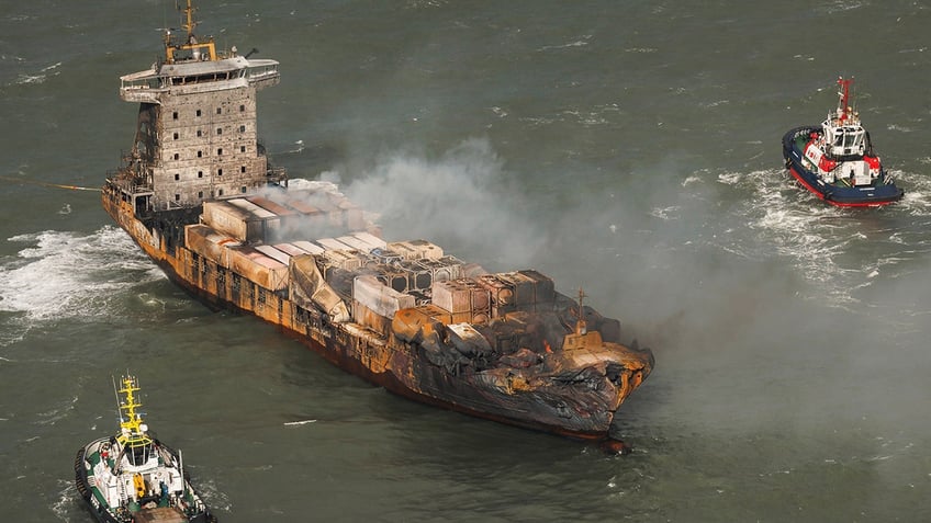 Solong cargo ship smoldering after collision at sea