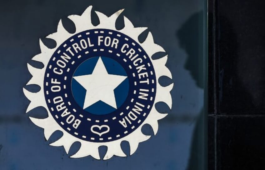 The logo of the Board of Control for Cricket in India (BCCI) outside its headquarters in M