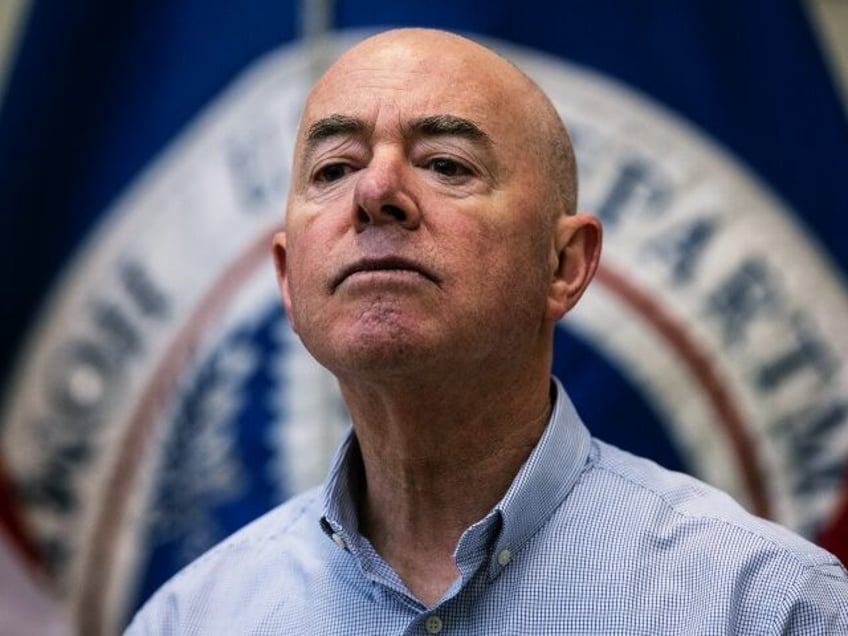 EAGLE PASS, TEXAS - JANUARY 08: U.S. Department of Homeland Security Secretary Alejandro Mayorkas holds a press conference at a U.S. Border Patrol station on January 08, 2024 in Eagle Pass, Texas. Mayorkas visited Texas border areas where large numbers of migrants had been crossing over the Rio Grande from …