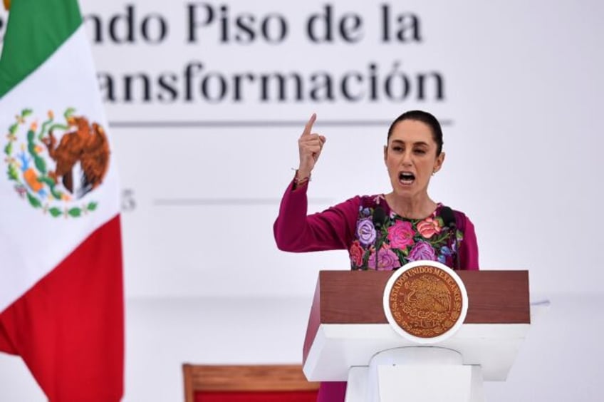 President Claudia Sheinbaum delivers a speech on January 12, 2025 in Mexico City to mark h