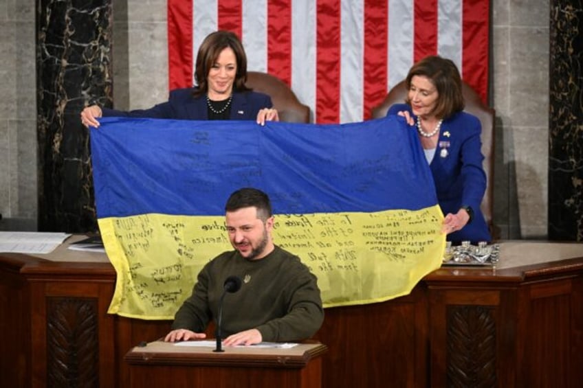 Ukraine's President Volodymyr Zelensky addresses the US Congress as US Vice President Kama