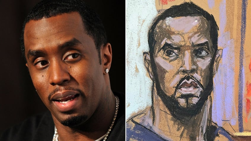 A close up of Diddy next to a courtroom sketch