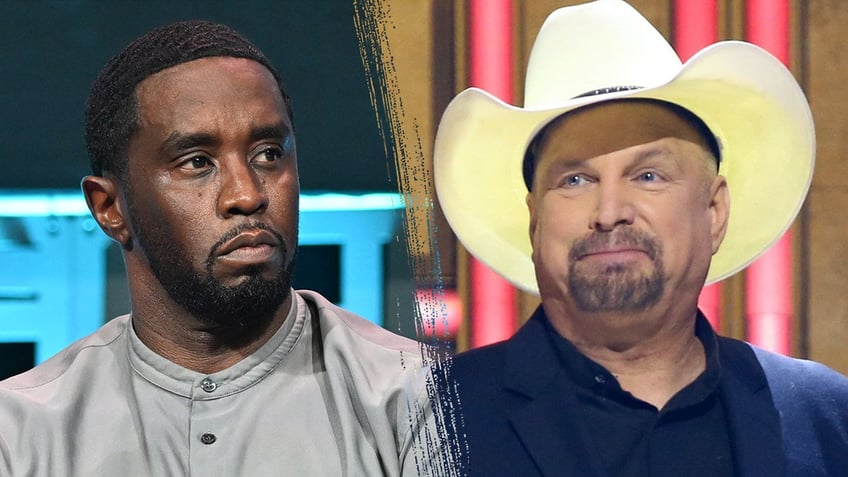 Garth Brooks wears a cowboy hat while Sean Diddy Combs sports a grey shirt.