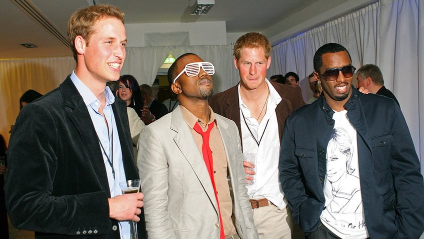 Prince William and Prince Harry hanging out with Kanye West and Diddy.