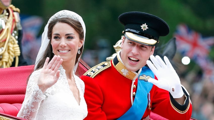 Prince William and Kate Middleton waving on their wedding day.