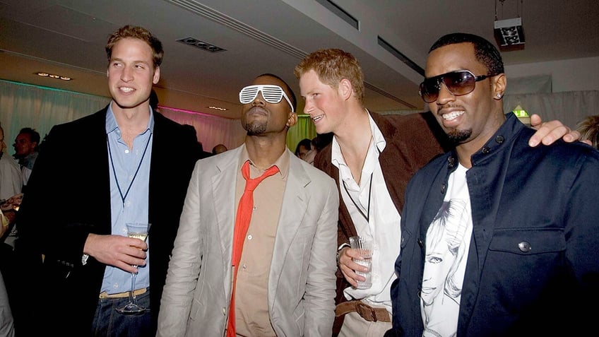 Prince William and Prince Harry posing with Kanye West and Diddy.