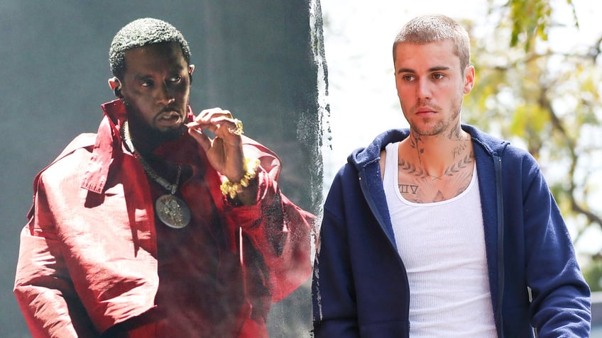 Sean Diddy Combs performs in a red ensemble, Justin Bieber steps out wearing white tank top and blue sweater.