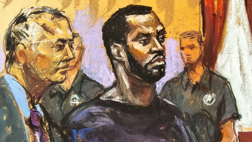 Sketch from federal court of Sean 'Diddy Combs' and his lawyer Marc Agnifilio standing before the judge