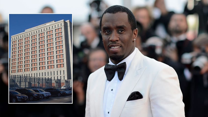 Sean "Diddy" Combs in a tuxedo with an in set of a jailhouse exterior