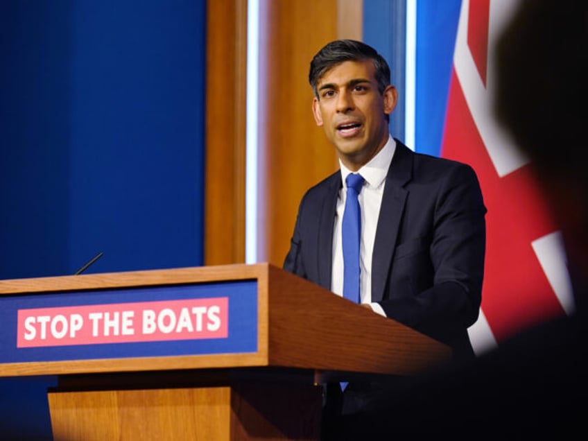 LONDON, ENGLAND - DECEMBER 7: Prime Minister Rishi Sunak conducts a press conference in the Downing Street Briefing Room, as he gives an update on the plan to "stop the boats" and illegal migration on December 7, 2023 in London, England. (Photo by James Manning - WPA Pool/Getty Images)