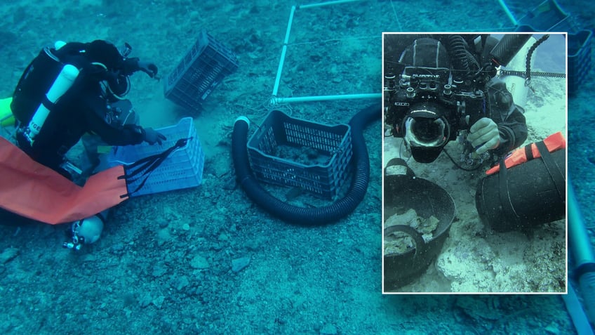 Split image of fragments and shipwreck site