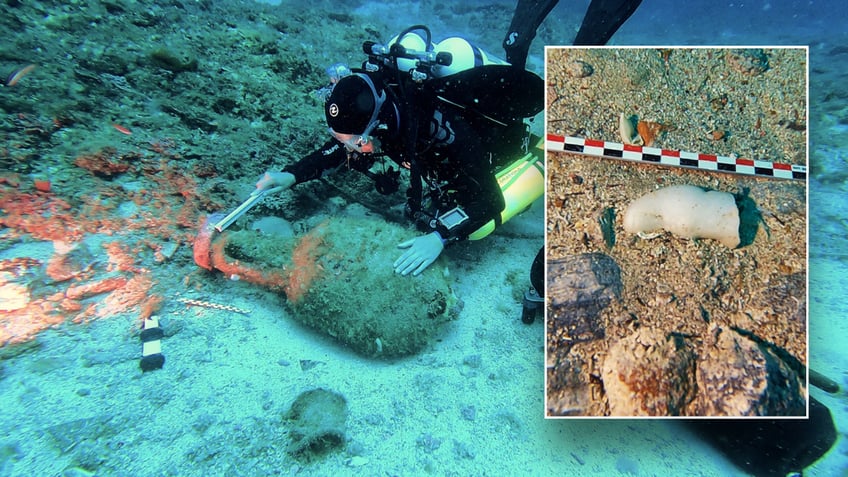 Split image of fragments and shipwreck site
