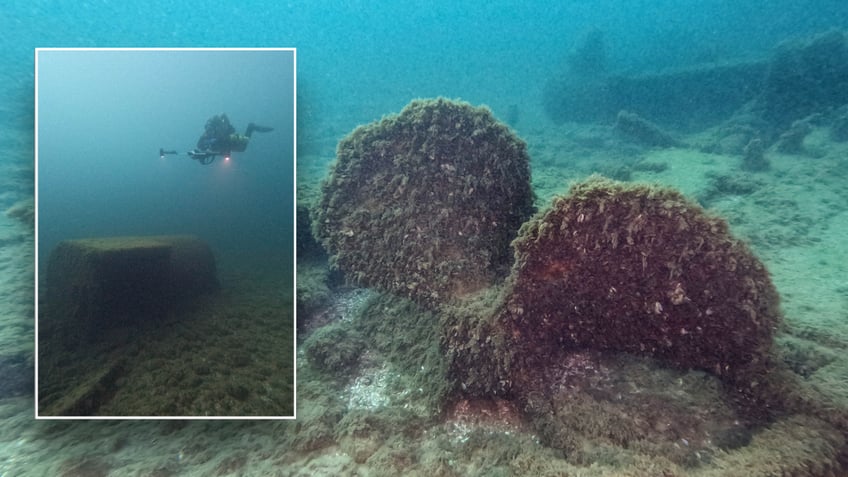 Split image of diver, shipwreck