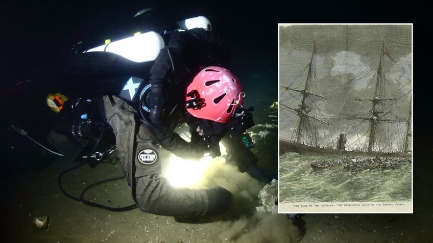 Split image of researcher, old picture of ship