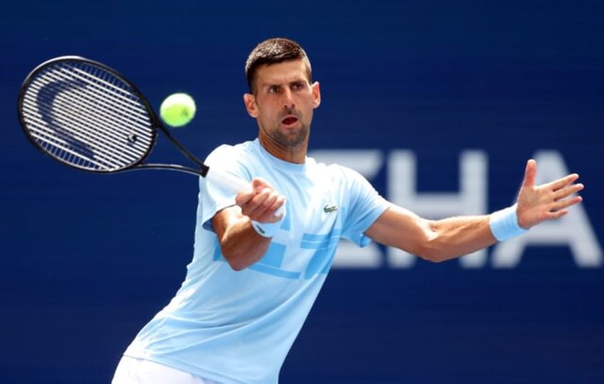 Defending champion Novak Djokovic practices ahead of the US Open tennis championships