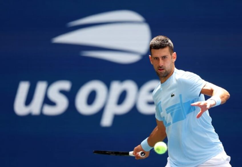 Defending champion Novak Djokovic of Serbia practices ahead of the US Open tennis champion