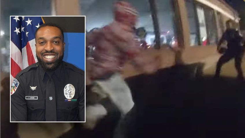 Ferguson Police Officer Travis Brown, inset, and a man charging him during a protest