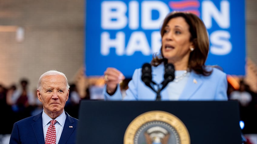 Vice President Kamala Harris introduces President Joe Biden during a campaign rally at Girard College