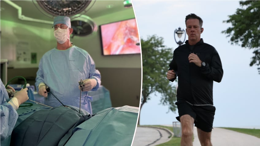 Split image of Gamblin in surgery, running