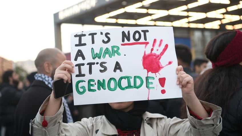 Pro-Palestinian protester holding up sign