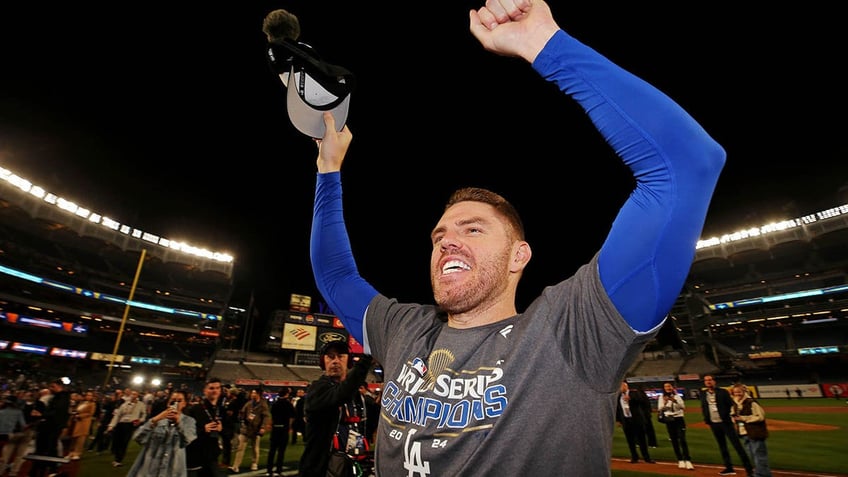 Freddie Freeman celebrates World Series victory