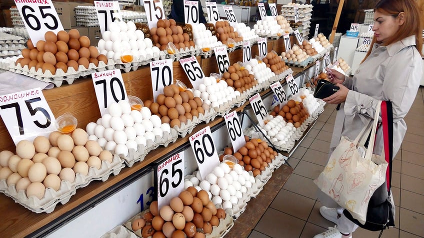 Person at market looking at different egg colors.