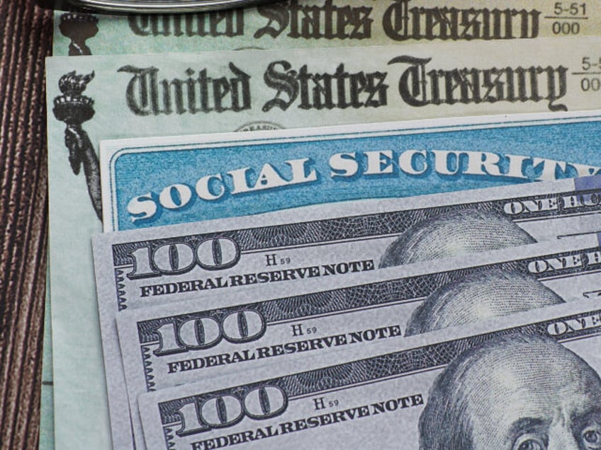 Fake Social security card on prop US currency and treasury department checks.