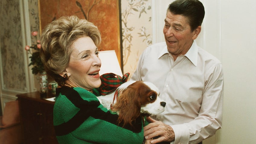 president ronald reagan, nancy reagan and dog rex