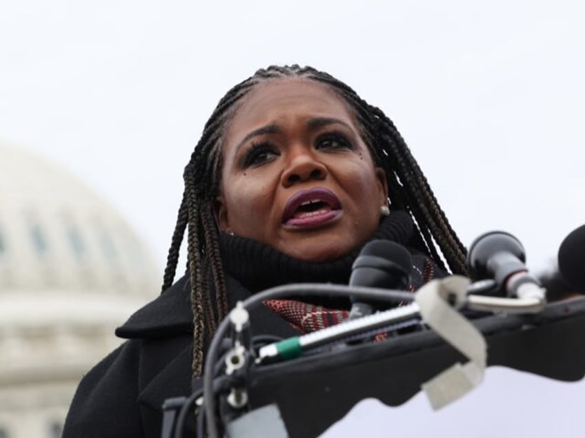 WASHINGTON, DC - DECEMBER 07: U.S. Rep. Cori Bush (D-MO) speak at a press conference on the Israel-Hamas war outside of the U.S. Capitol on December 07, 2023 in Washington, DC. A group of Democratic lawmakers joined by members of Doctors Against Genocide called on a permanent ceasefire in Gaza. …