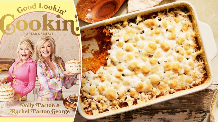 Dolly Parton and Rachel Parton George appear on the cover of "Good Lookin' Cookin'." They are sharing their sweet potato casserole recipe with Fox News Digital.