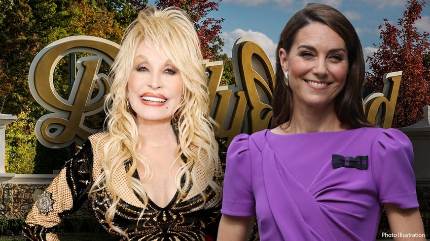 Dolly Parton and Kate Middleton with the Dollywood sign behind them.