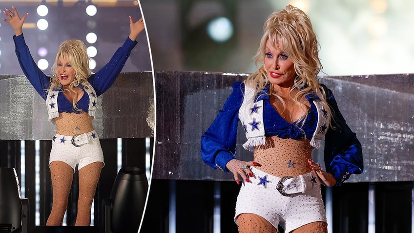 Dolly Parton with her hands in the air on the stage performing in a Dallas Cowboys cheerleader outfit split Dolly Parton with her hands on her hips in the same outfit