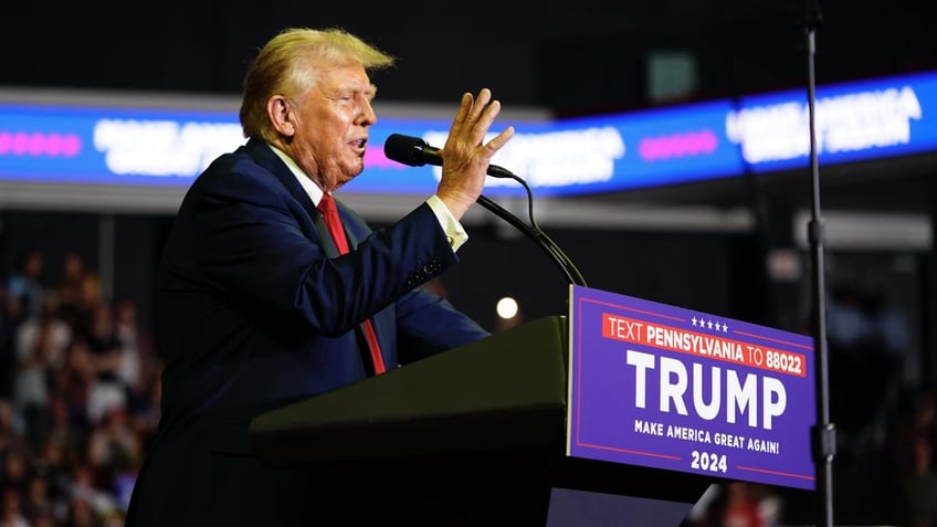Republican presidential candidate former President Trump speaks at a campaign rally on Saturday, June 22, 2024 at Temple University in Philadelphia.