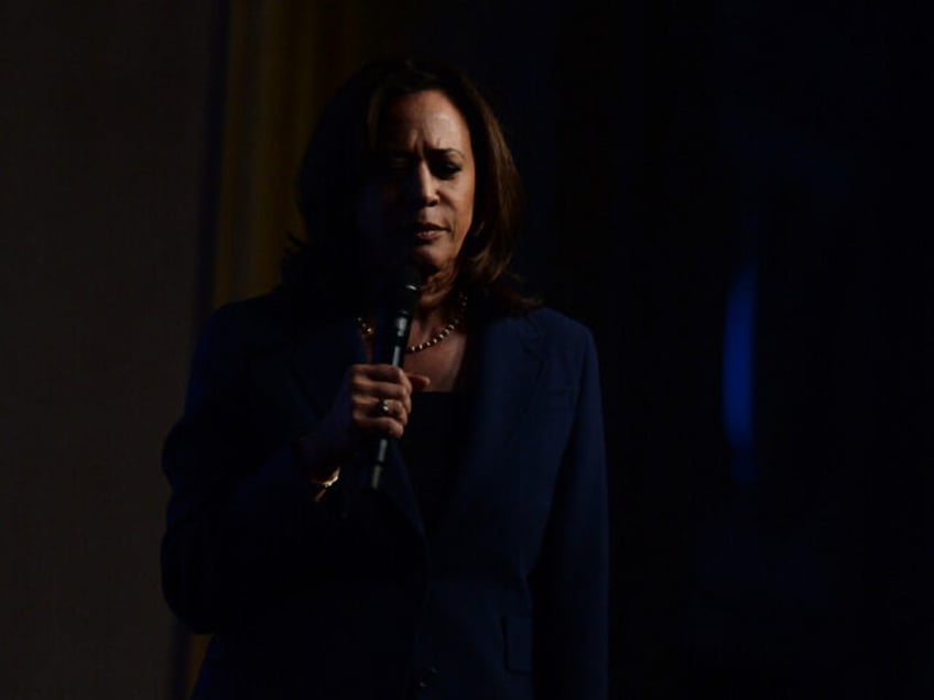 Democratic presidential hopeful California Senator Kamala Harris speaks on stage at "