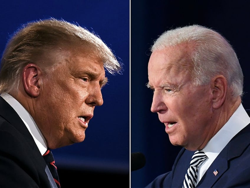 TOPSHOT - (COMBO) This combination of pictures created on September 29, 2020 shows US President Donald Trump (L) and Democratic Presidential candidate former Vice President Joe Biden squaring off during the first presidential debate at the Case Western Reserve University and Cleveland Clinic in Cleveland, Ohio on September 29, 2020. (Photos by JIM WATSON and SAUL LOEB / AFP) (Photo by JIM WATSON,SAUL LOEB/AFP via Getty Images)