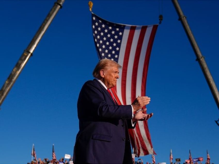 Republican presidential nominee former President Donald Trump arrives at a campaign rally