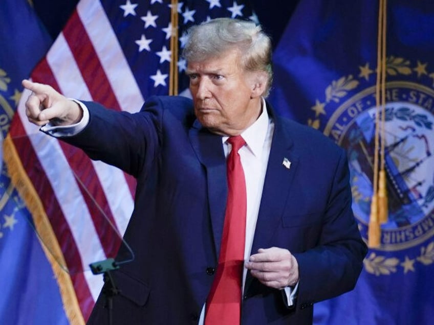 Republican presidential candidate former President Donald Trump pointing to members of the audience during a campaign event in Rochester, N.H., Sunday, Jan. 21, 2024. (Charles Krupa/AP)