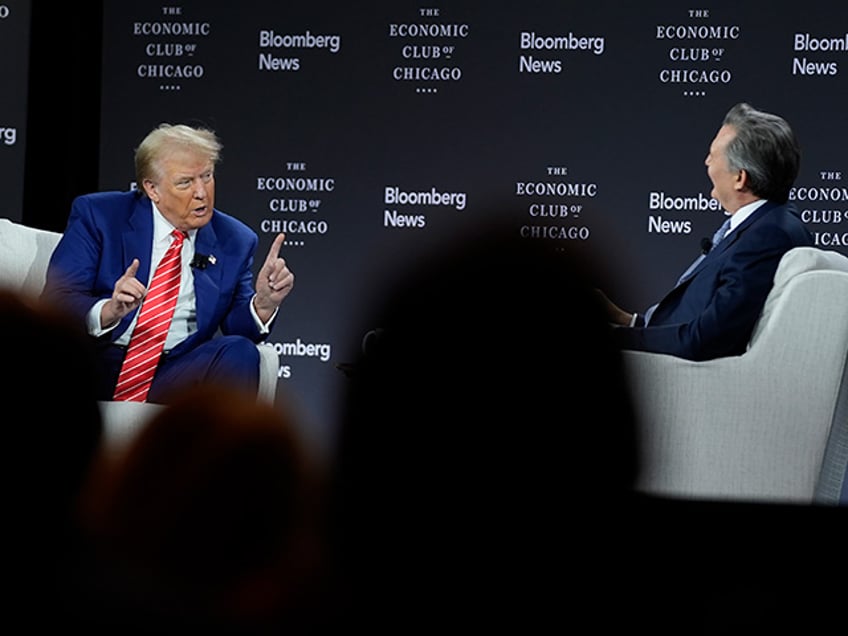 Republican presidential nominee former President Donald Trump speaks during an interview with Bloomberg News Editor-in-Chief John Micklethwait during an event with the Economic Club of Chicago, Tuesday, Oct. 15, 2024, in Chicago. (AP Photo/Evan Vucci)