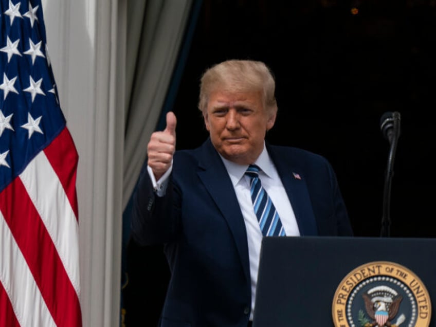 President Donald Trump gives thumbs up, as he departs after speaking from the Blue Room Ba