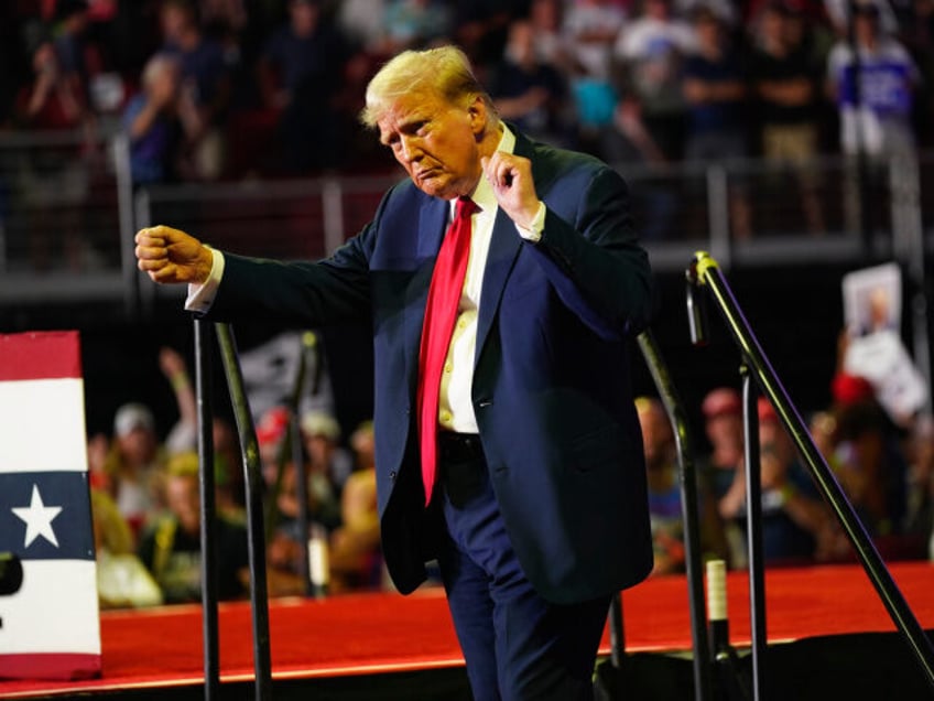 Republican presidential candidate former President Donald Trump is seen on stage after spe